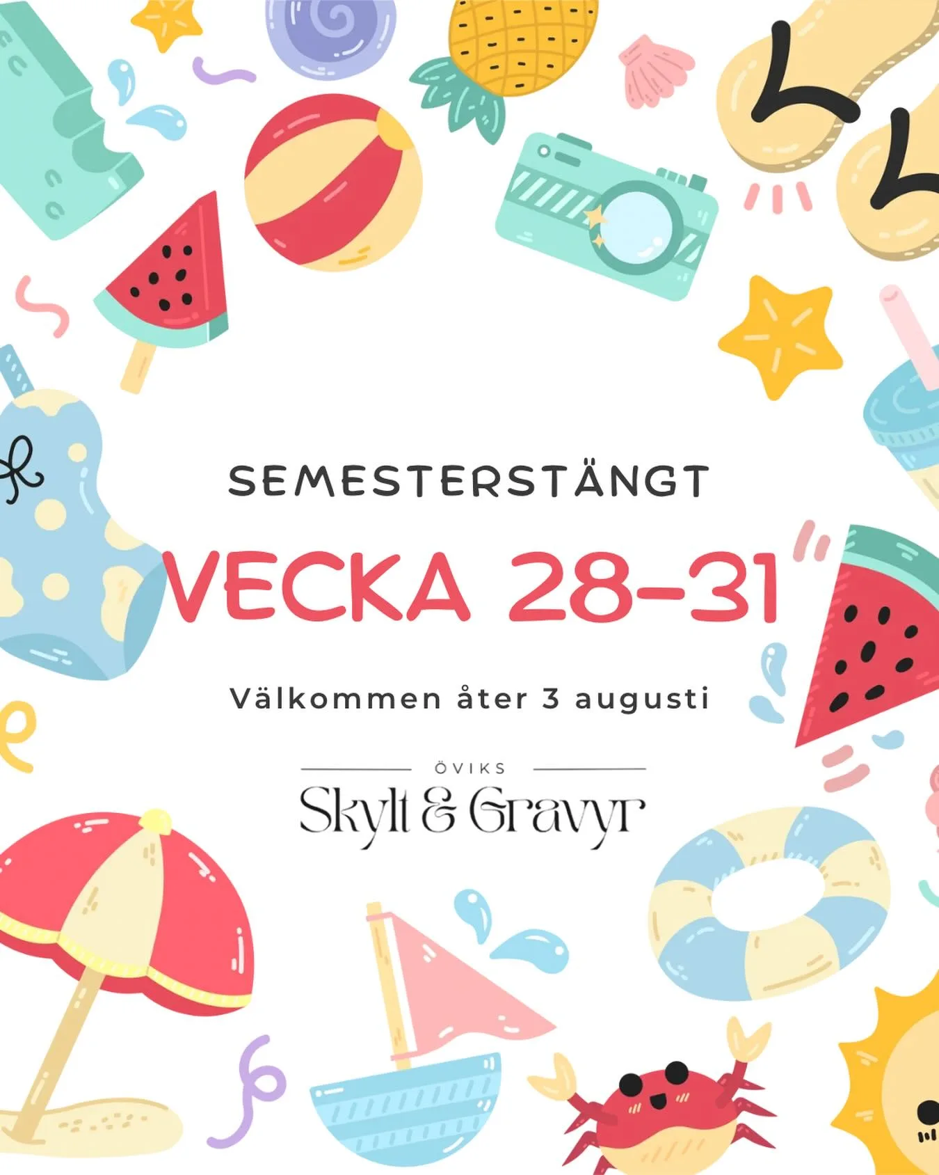 Den här veckan är sista veckan vi har öppet innan vi tar semester🏖️☀️

Vi vill passa på att önska er alla en riktigt härlig sommar fylld av sol, vila och återhämtning. Tack för att ni följer oss på sociala medier! vi ser redan nu fram emot en händelserik höst! 🪧✍🏼🤩
